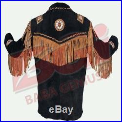 Men Suede Western Cowboy Leather Jacket, Bone and Beads Black with Brown Fringe