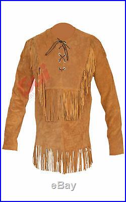 Men Suede Western Leather Shirt with Fringe NATIVE AMERICAN COAT