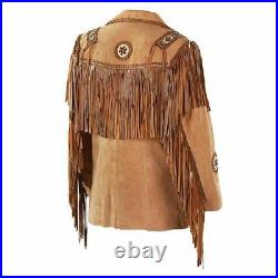 Men Suede Western Style Cowboy Leather Jacket With Fringe & Bead Work -Tan Brown