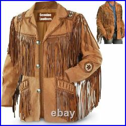 Men Suede Western Style Cowboy Leather Jacket With Fringe & Bead Work -Tan Brown