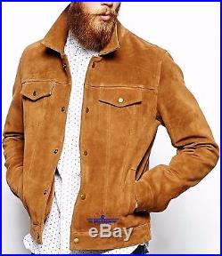 Men TRUCKER Tan Suede Classic Retro Western Denim Style Real Hide Leather Jacket