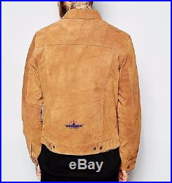 Men TRUCKER Tan Suede Classic Retro Western Denim Style Real Hide Leather Jacket