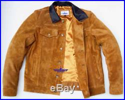 Men TRUCKER Tan Suede Classic Western Denim Style Leather Jacket Brown Collar