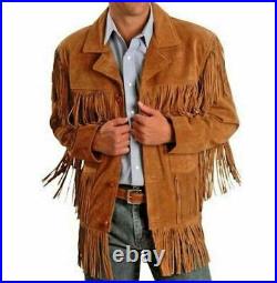 Men Tan Brown Suede Leather Jacket Fringed & Buttons Western Cowboy Style