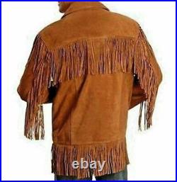 Men Tan Brown Suede Leather Jacket Fringed & Buttons Western Cowboy Style