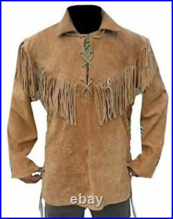 Men Tan Real Suede Leather Jacket Fringes Western Style Traditional Cowboy Coat