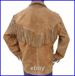 Men Tan Real Suede Leather Jacket Fringes Western Style Traditional Cowboy Coat