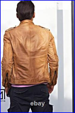 Men Tan Trucker Jacket Real Lambskin Wrinkel Leather Western Shirt Coat