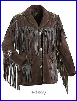 Men Traditional American Suede Western Cowboy Leather Jacket Fringe & Bead Work