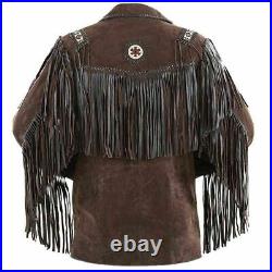 Men Traditional American Suede Western Cowboy Leather Jacket Fringe & Bead Work