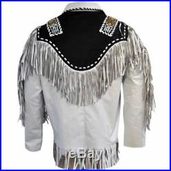 Men Traditional Cowboy White Suede Leather Classic Western Jacket Fringes Beads