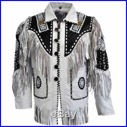 Men Traditional Cowboy White Suede Leather Western Vintage Jacket Fringes Beads
