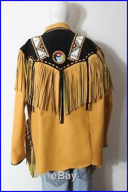 Men Traditional Western Cowboy Leather Jacket coat with fringe and beads