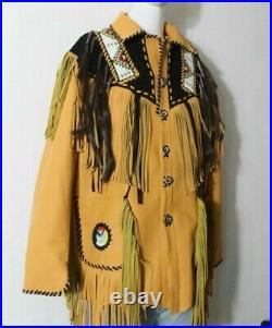 Men Traditional Western Cowboy Leather Jacket coat with fringe and beads Sale