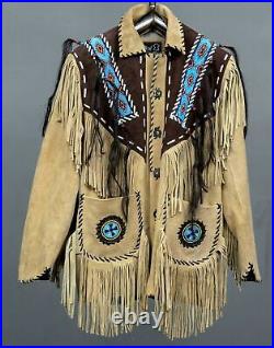 Men Traditional Western Cowboy Suede Leather Jacket Coat With Fringe And Beads