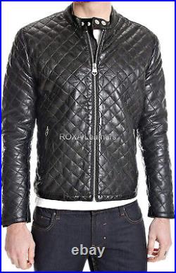 Men Urban Quilted Authentic Lambskin Real Leather Jacket Black Hand Crafted Coat
