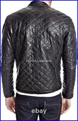 Men Urban Quilted Authentic Lambskin Real Leather Jacket Black Hand Crafted Coat