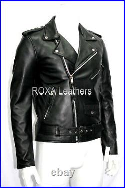 Men Waist Belted Genuine Lambskin Real Leather Jacket Black Designer Rider Coat