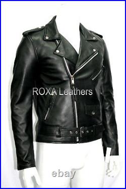 Men Waist Belted Genuine Lambskin Real Leather Jacket Black Motorcycle Coat