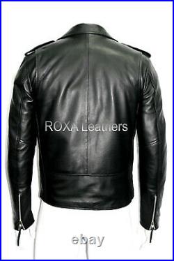 Men Waist Belted Genuine Lambskin Real Leather Jacket Black Motorcycle Coat