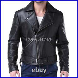 Men Waist Belted Genuine Sheepskin 100% Leather Jacket Collared Biker Coat