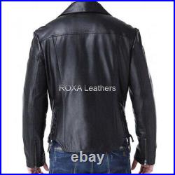 Men Waist Belted Genuine Sheepskin 100% Leather Jacket Collared Biker Coat