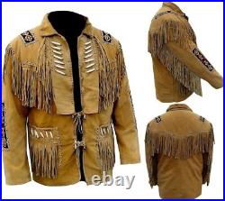 Men Western American Style Brown Suede Leather Jacket With Fringe & Bead Work