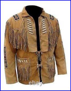 Men Western American Style Brown Suede Leather Jacket With Fringe & Bead Work