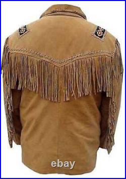 Men Western American Style Brown Suede Leather Jacket With Fringe & Bead Work