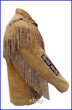 Men Western American Style Brown Suede Leather Jacket With Fringe & Bead Work