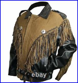 Men Western American Style Suede & Cowhide Leather Black/Brown Fringed Jacket