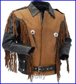 Men Western American Style Suede & Cowhide Leather Black/Brown Fringed Jacket