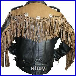 Men Western American Style Suede & Cowhide Leather Black/Brown Fringed Jacket