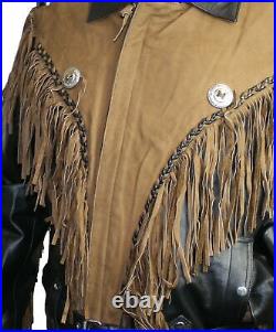 Men Western American Style Suede & Cowhide Leather Black/Brown Fringed Jacket