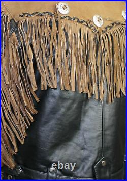 Men Western American Style Suede & Cowhide Leather Black/Brown Fringed Jacket