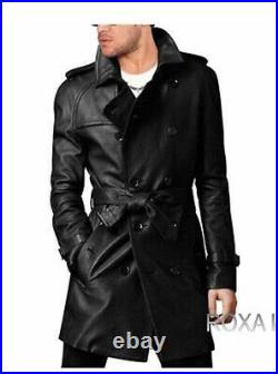 Men Western Authentic Lambskin Pure Leather Long Trench Coat Belted Strap Jacket