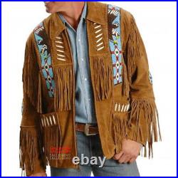 Men Western Cowboy Beaded & Bone Coat Brown Suede Leather Jacket With Fringe