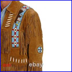 Men Western Cowboy Beaded & Bone Coat Brown Suede Leather Jacket With Fringe