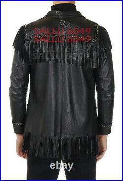 Men Western Cowboy Jacket Real Lambskin Leather Black Hunter Style Fringe Coat