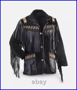 Men Western Cowboy Suede Fringe Jacket Beaded Native American Leather Jacket 123