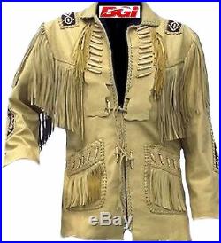 Men Western Genuine Cow Hide Leather Jacket with Fringe, Bone and Beads