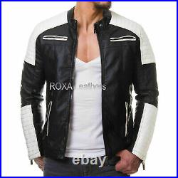 Men Western Genuine Lambskin Real Leather Jacket Black Stylish White Strip Coat