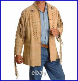 Men Western Jackets Beige Suede Leather Cowboy Style Fringe Beads Bones Coat New