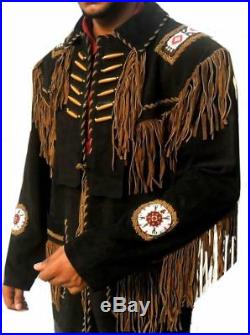 Men Western Jackets Leather Fringes Beads Bones Native American Cowboy Coat 80's