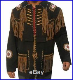 Men Western Jackets Leather Fringes Beads Bones Native American Cowboy Coat 80's