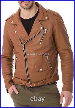 Men Western Outfit Genuine Sheepskin 100% Leather Jacket Belted Biker Coat