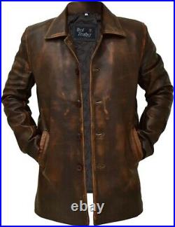 Men Western Sheriff Cowboy Vintage Distressed Real Brown Leather Jacket Coat