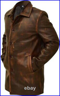 Men Western Sheriff Cowboy Vintage Distressed Real Brown Leather Jacket Coat