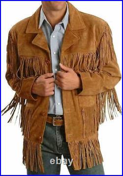 Men Western Style Cowboy Suede Leather Fringe Jacket American Fringe Jacket