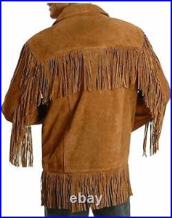 Men Western Style Cowboy Suede Leather Fringe Jacket American Fringe Jacket